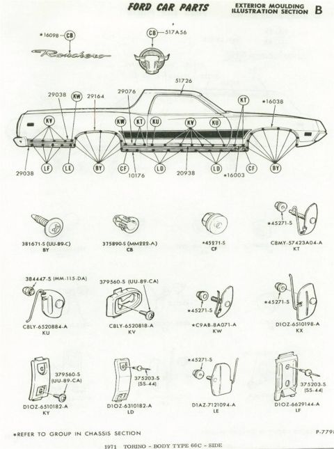 1972 Ford Ranchero - This diagram illustrates exterior molding parts for Ford vehicles, including a Ranchero, with detailed part numbers and illustrations.