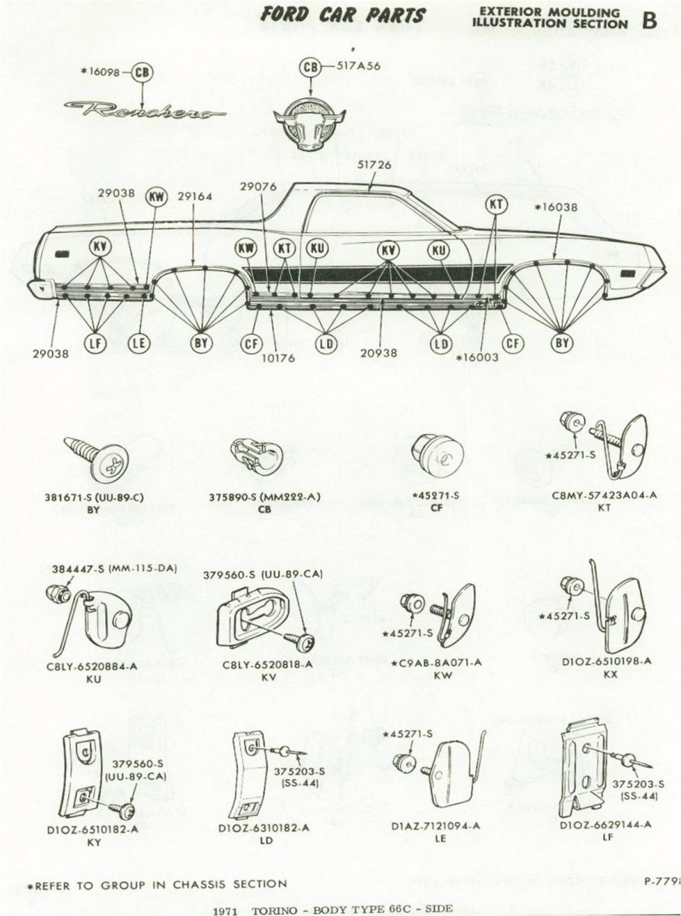 Ford Ranchero exterior moulding exploded parts illustration with clips and fasteners