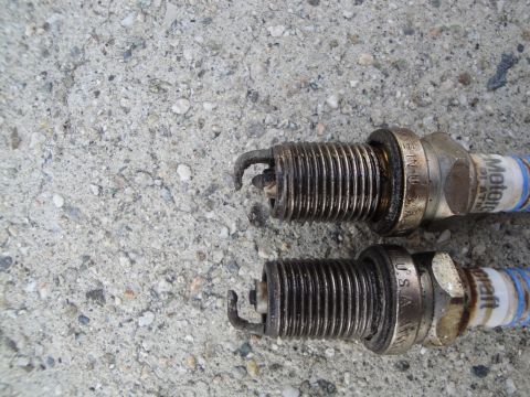 1995 Ford Taurus - Close-up of two used Motorcraft spark plugs resting on a concrete surface.