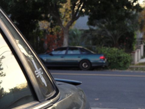1995 Ford Taurus - A green sedan is parked on the side of the road, with trees and bushes in the background. The foreground shows part of another vehicle.
