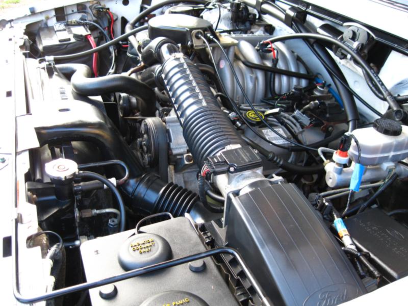 Engine bay with black air intake hose and various hoses and wires
