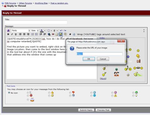 1990 Ford Bronco - A web forum interface is shown with a dialog box prompting the user to enter an image URL.