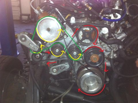 2008 Ford F-250 - This image shows a diagram of an engine's serpentine belt system, illustrating the path of the belt around various pulleys.