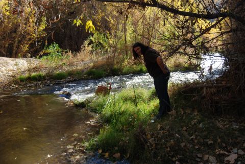 1982 Ford Bronco - A person and a dog stand by a flowing stream surrounded by autumn foliage.