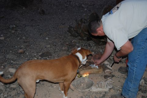 1982 Ford Bronco - Man starts a campfire with a dog watching in a rocky outdoor setting.