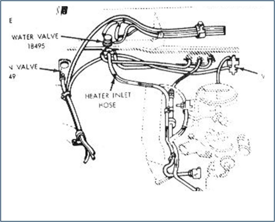 Line drawing of heater hose routing showing water valve and heater inlet hose