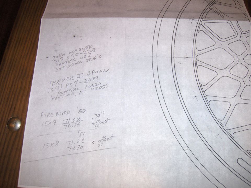 Photo of a hand-drawn wheel sketch with handwritten contact info and Firebird wheel dimensions