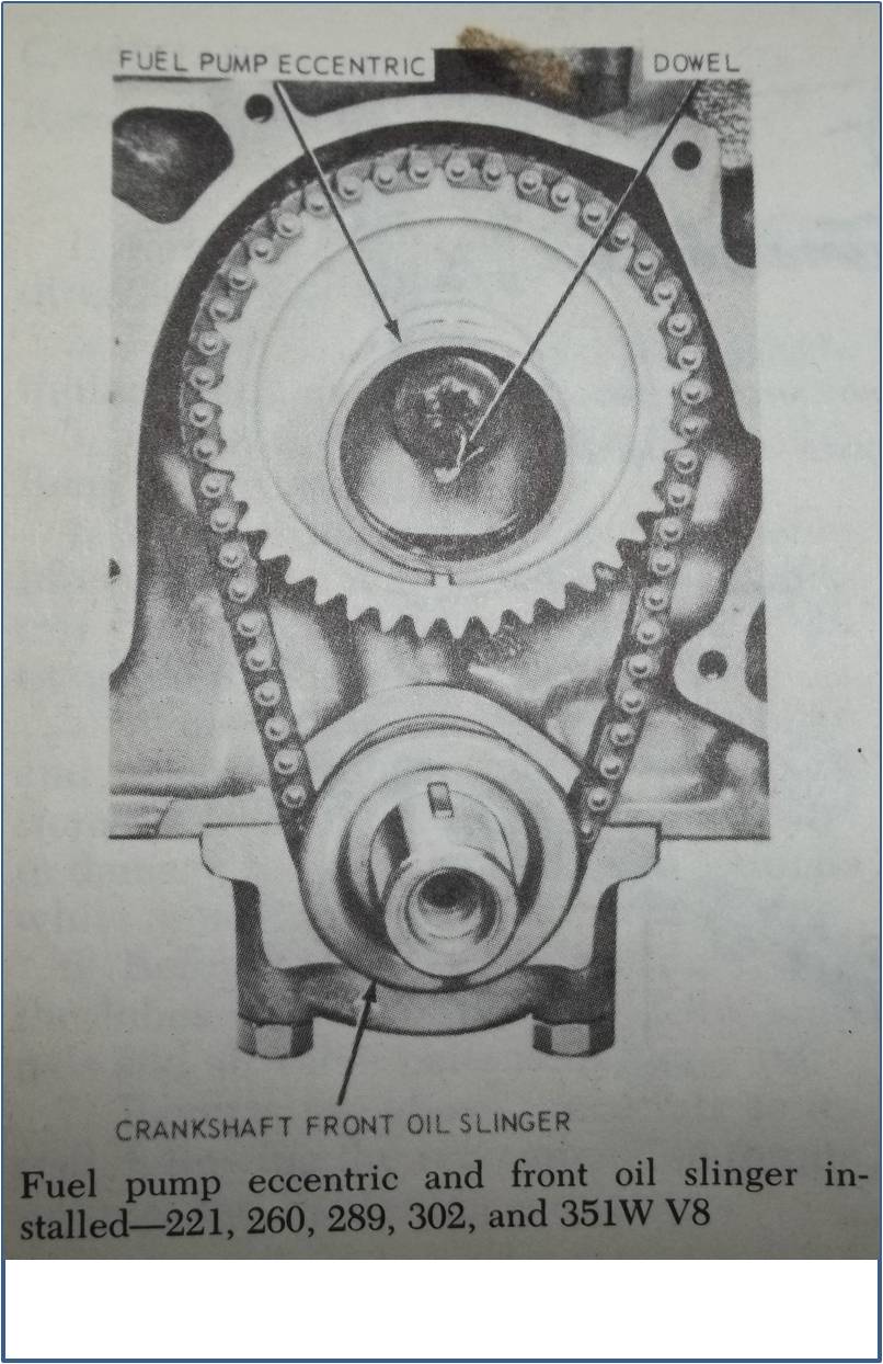 Manual photo of fuel pump eccentric and front oil slinger on timing chain for Ford V8