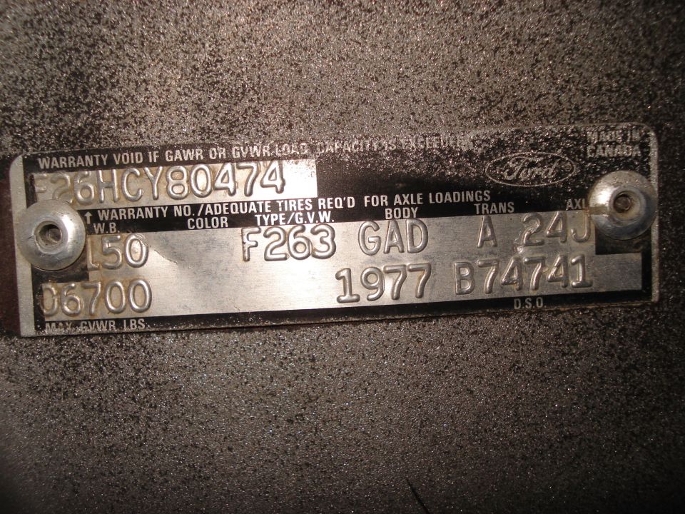1977 Ford truck warranty plate stamped with GVW, color, body, trans and axle codes