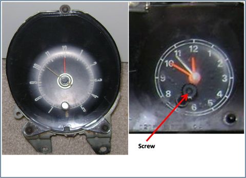 1972 Ford Ranchero - A car clock is shown, with a close-up view highlighting a screw for adjustment.