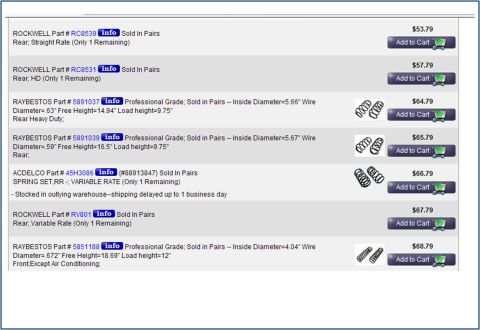 1972 Ford Ranchero - Online parts listing displays suspension springs from Rockwell, Raybestos, and ACDelco with pricing and purchase options.