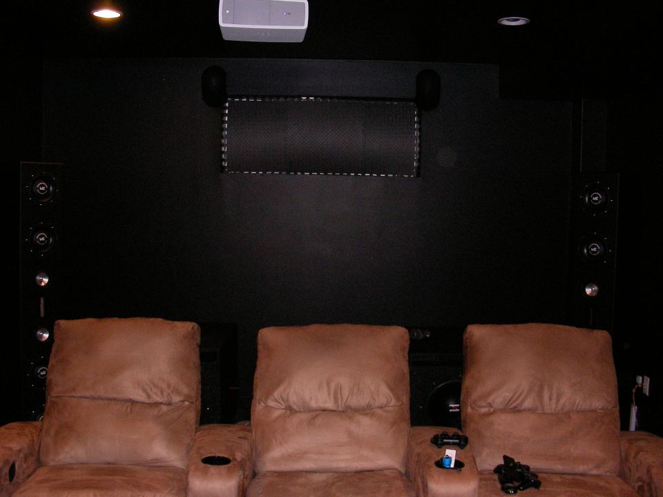 Theater room with three brown leather recliners facing a black wall with a projector screen