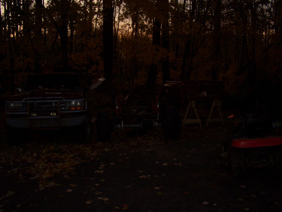 Red Ford F-150 truck front view at dusk, parked on a leaf-covered ground with trees in the background