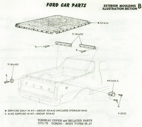 1972 Ford Ranchero - Ford car parts exploded illustration of a Torino tonneau cover and related mounting hardware with part numbers.