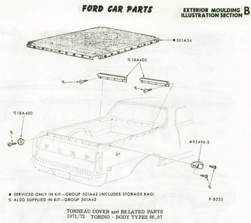 Ford Torino tonneau cover and related parts exploded illustration with fasteners