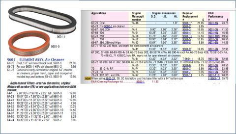 1972 Ford Ranchero - Catalog page displays air cleaner elements and a detailed parts list with dimensions and replacement numbers.