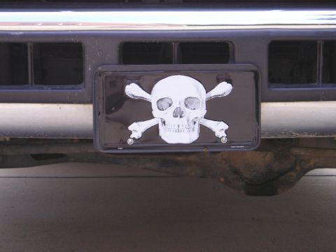 1996 Ford Bronco - A skull and crossbones license plate frame is attached to the front bumper of a vehicle.
