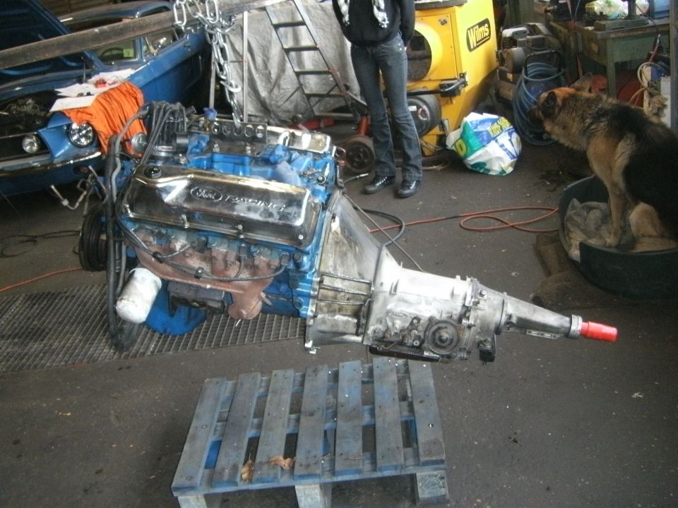 Ford Ranchero engine and transmission assembly