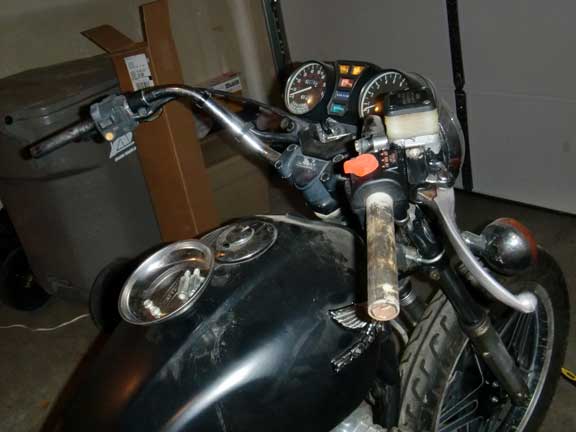 1980 Honda CB750 handlebars, gauges, and front brake lever