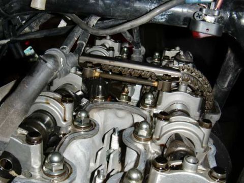 1980 Honda CB750 - The intricate workings of a motorcycle engine's valve train are visible in this detailed shot.