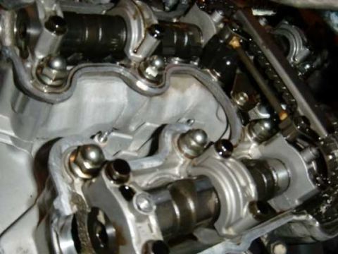 1980 Honda CB750 - Detailed view of internal motorcycle engine components during a rebuild.
