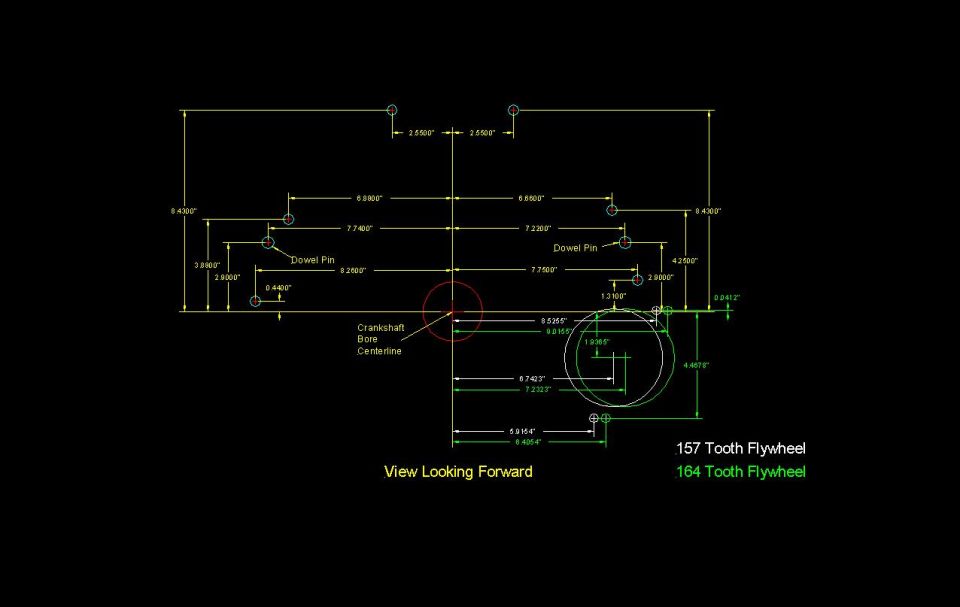 CAD dimensioned drawing comparing 157 and 164 tooth flywheel layouts, view looking forward