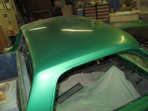 1971 Ford Ranchero - The interior of a 1971 Ford Ranchero is covered with a tarp, showing the green roof.
