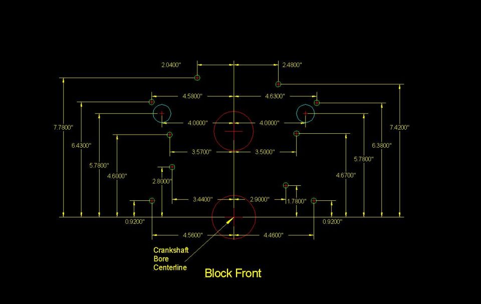 CAD dimensioned drawing of engine block front bolt holes and crankshaft bore centerline