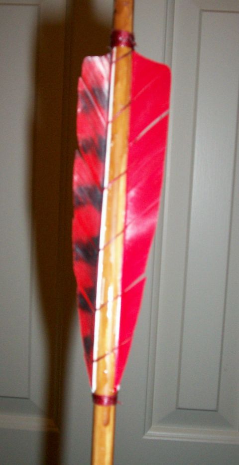 1993 Ford Bronco - Extreme close-up of the fletching on a handmade wooden arrow held against a white paneled door, showing tall red feather vanes, one barred…