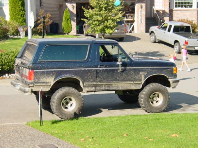 Dark blue lifted two-door Ford Bronco with muddy body parked side-on in a driveway.