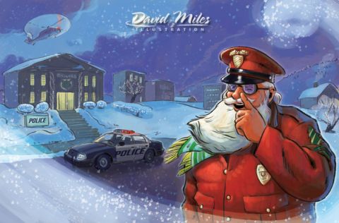 1991 Ford LTD Crown Victoria - A festive illustration depicts a police car outside a station during a snowy night, with a Santa Claus figure in uniform nearby.