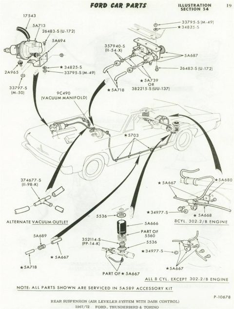 1972 Ford Ranchero - Ford Car Parts illustration (Section 54): exploded view of the rear-suspension air-leveler system with dash control, listing vacuum manifol…