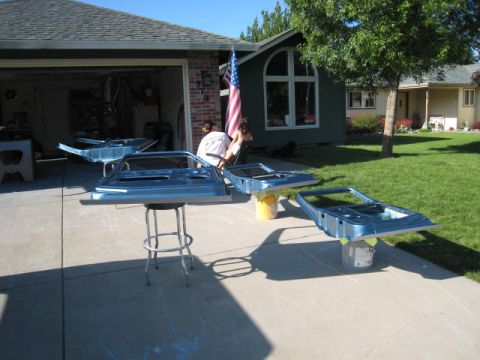 1976 Ford F-250 - Car doors are prepared for painting in a residential driveway, with an American flag visible.
