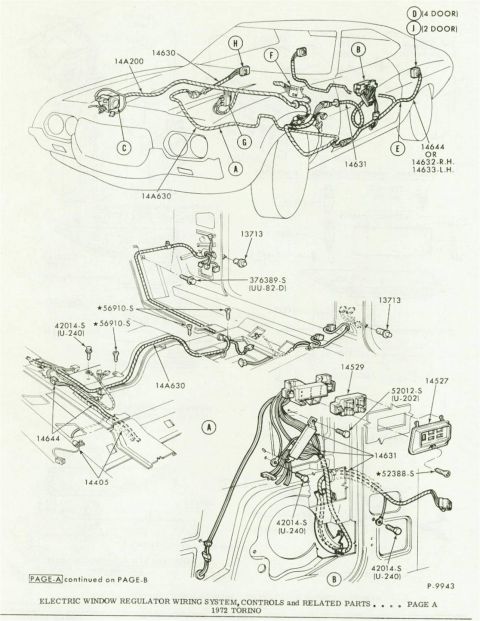 1972 Ford Ranchero - Wiring diagram of the 1972 Torino electric window regulator system showing harnesses, switches and connectors.