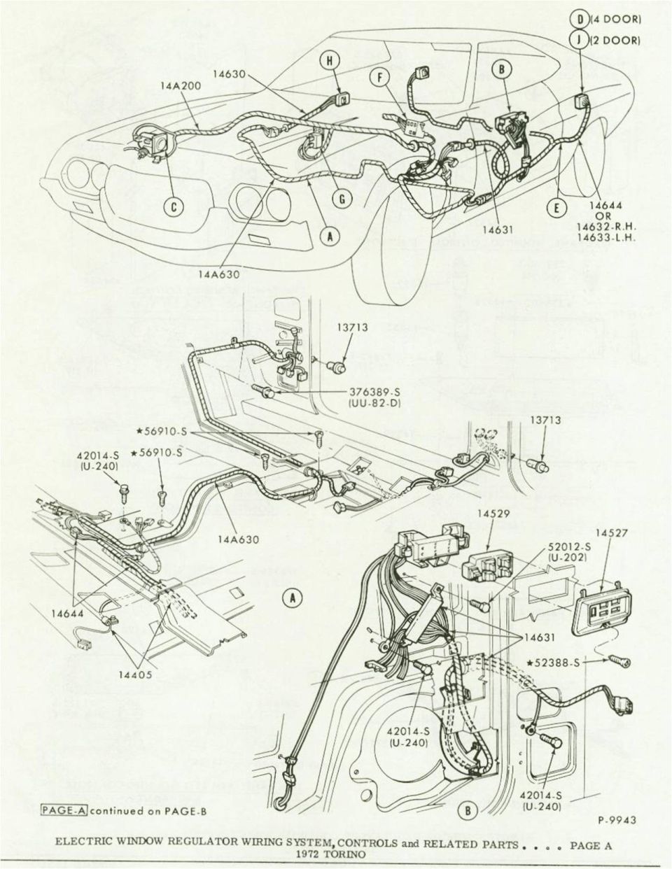 Electric window regulator wiring system diagram for 1972 Ford Torino with connectors