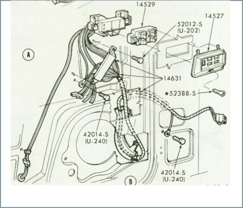 1972 Ford Ranchero - Wiring diagram detail of an electric window regulator showing motor, switch connector and wiring harness with part numbers.