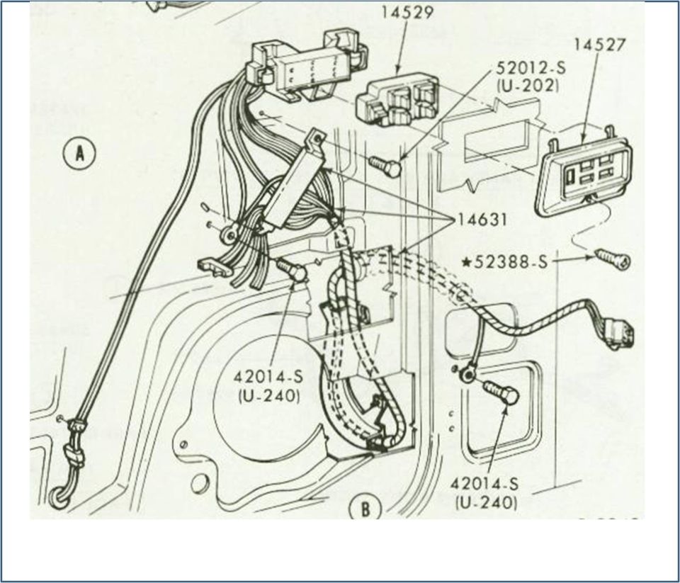 Detail of Ford electric window regulator wiring with motor, switch and connector