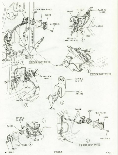 1972 Ford Ranchero - Ford parts illustration (Page B) showing door/quarter trim-panel wiring routing for 2-door and 4-door body types, including door wire assem…