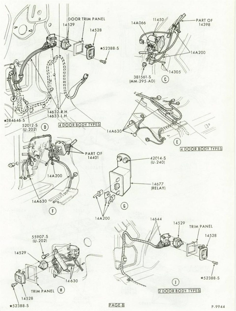 Ford door wiring and trim panel exploded parts illustration, 2-door and 4-door body types