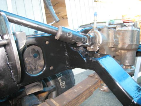1976 Ford F-250 - Close-up of the steering box and frame assembly on a 1976 Ford F-250.