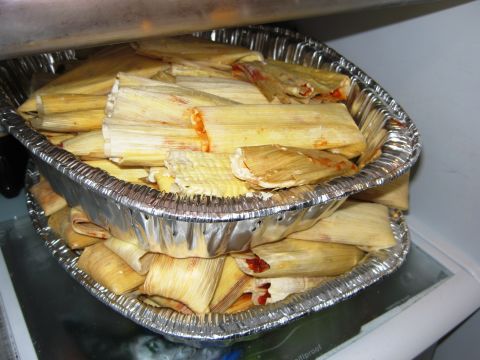 1986 Ford Bronco - A pan of tamales sits in a refrigerator, ready for a meal.