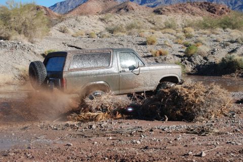 1982 Ford Bronco - A silver Ford Bronco navigates a muddy, brush-filled terrain with desert mountains visible in the distance.