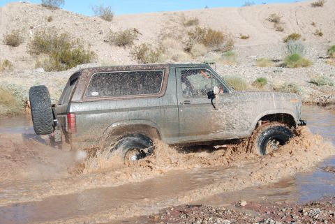 1982 Ford Bronco - This 1982 Ford Bronco navigates a muddy terrain, kicking up water as it goes.