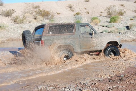 1982 Ford Bronco - Ford Bronco navigates a muddy water crossing, sending up a large spray.