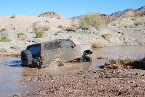 1982 Ford Bronco - This classic SUV is navigating a muddy, watery obstacle in a dry, mountainous terrain.