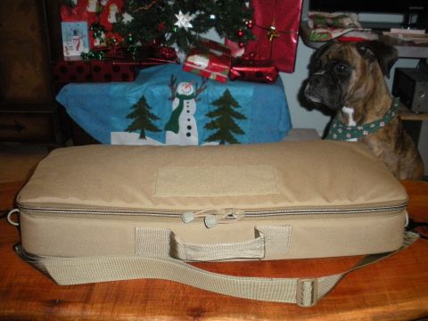 1996 Ford Bronco - A tan rifle case sits on a wooden table, with a boxer dog and Christmas decorations visible behind it.