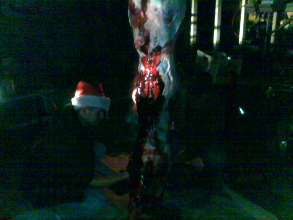 Person in Santa hat beside bloody carcass