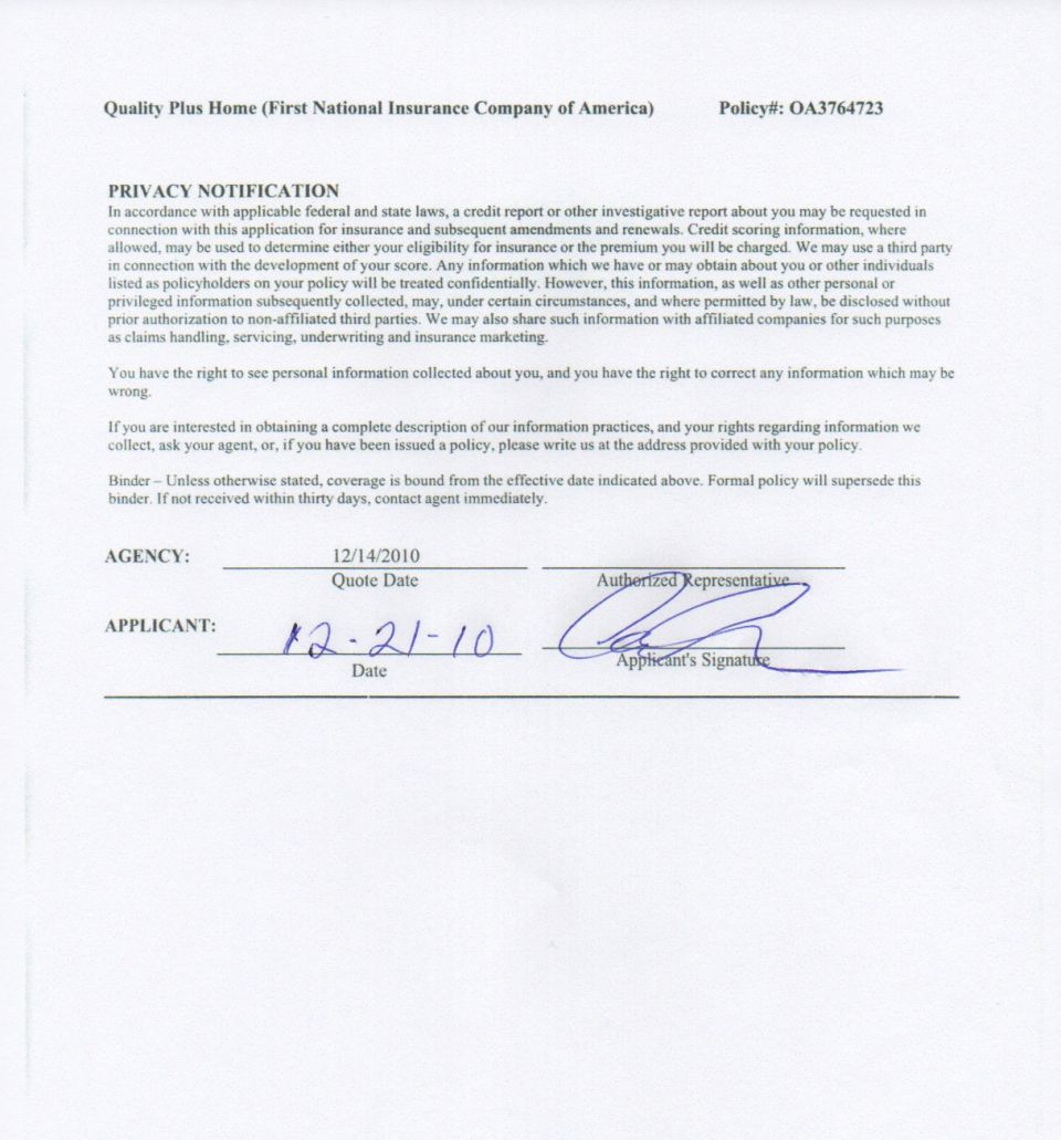 Insurance privacy notification document from First National Insurance Company
