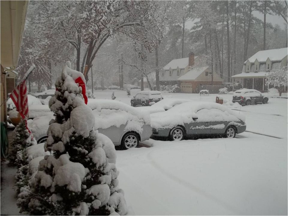 snowy street with cars parked and covered in snow, houses in background, christmas tree with santa hat