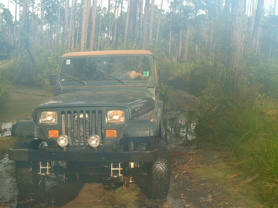 Dark Jeep Wrangler with round headlights crossing a muddy water hole in the woods